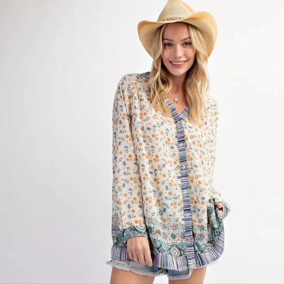 New! Easel Floral Mixed Print Button Down Long Sleeve Top - Picture 2 of 5